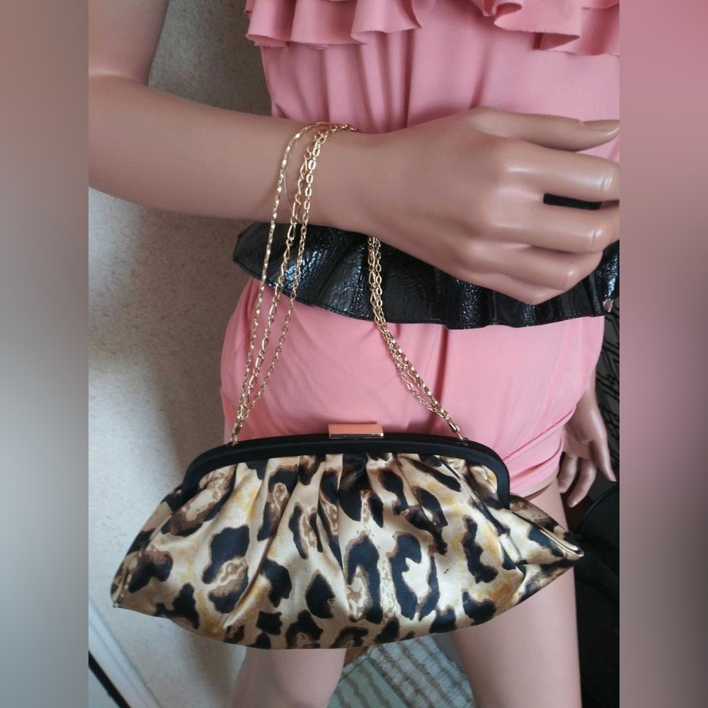 Banana Republic satin leopard print mini bag with golden chain strap. New